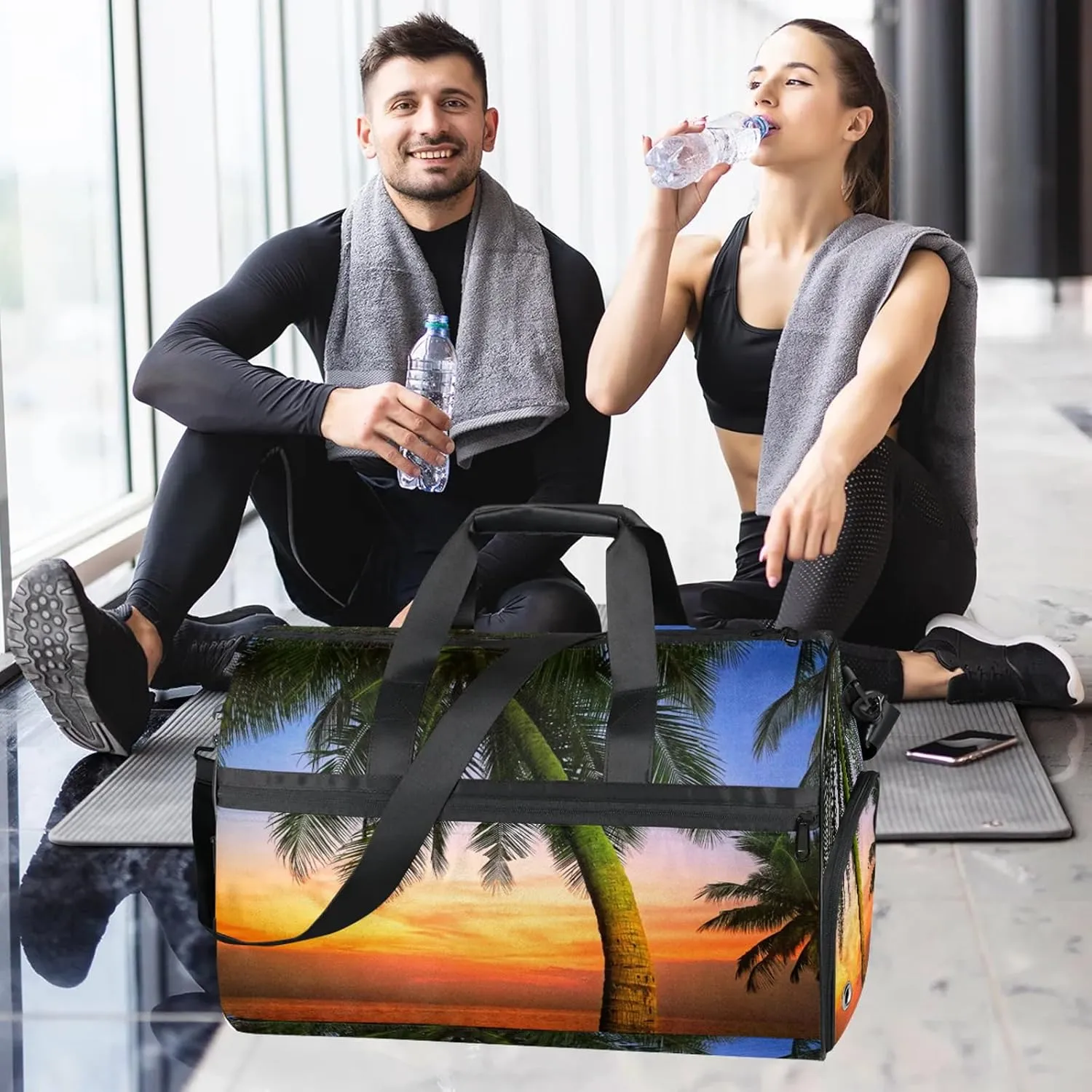 Gym Bag for Women Men Palm Tree Sunset Beach Summer Travel Duffle Bag with Shoe Compartment Waterproof Sports Tote Bags Large Overnight Weekender Bags for Travel Swimming Gym Yoga Dance
