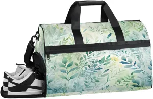 Gym Bag for Women Men Watercolor Leaves Green Travel Duffle Bag with Shoe Compartment Waterproof Sports Tote Bags Large Overnight Weekender Bags for Travel Swimming Gym Yoga Dance