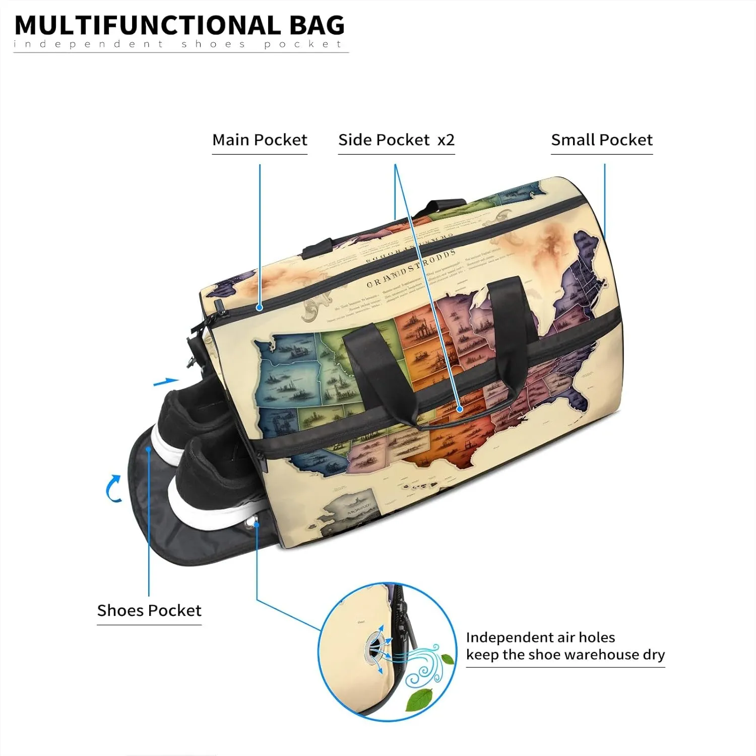 Gym Bag for Women Men, Yoga Bag with Shoe Pocket, Travel Duffel Tote Bag for Plane, Workout, Swimming, Weekend Overnight Bag Carry on Bag Hospital Holdalls, America Map - 24