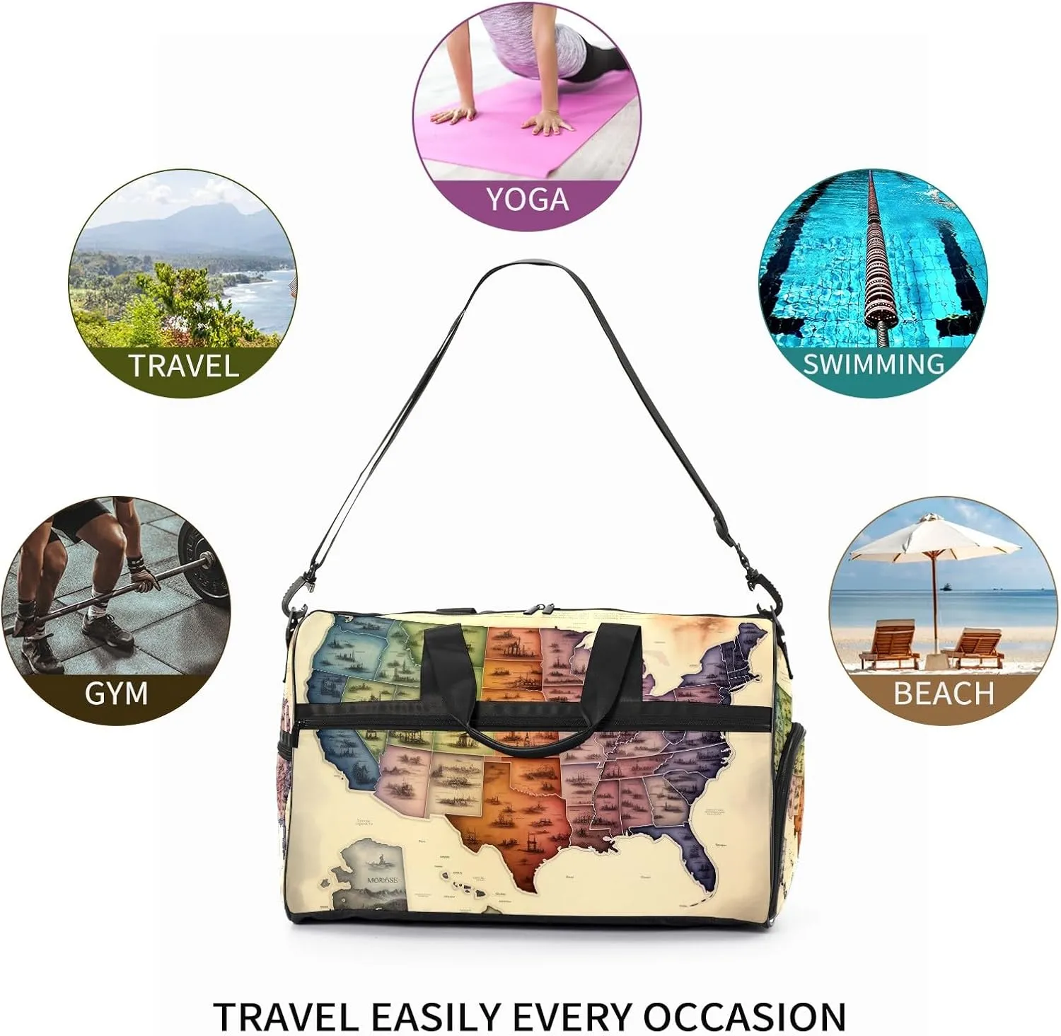 Gym Bag for Women Men, Yoga Bag with Shoe Pocket, Travel Duffel Tote Bag for Plane, Workout, Swimming, Weekend Overnight Bag Carry on Bag Hospital Holdalls, America Map - 24