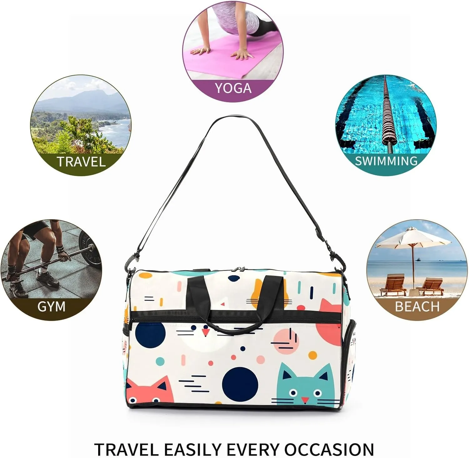 Gym Bag for Women Men, Yoga Bag with Shoe Pocket, Travel Duffel Tote Bag for Plane, Workout, Swimming, Weekend Overnight Bag Carry on Bag Hospital Holdalls, Cat Simple Drawing - 7