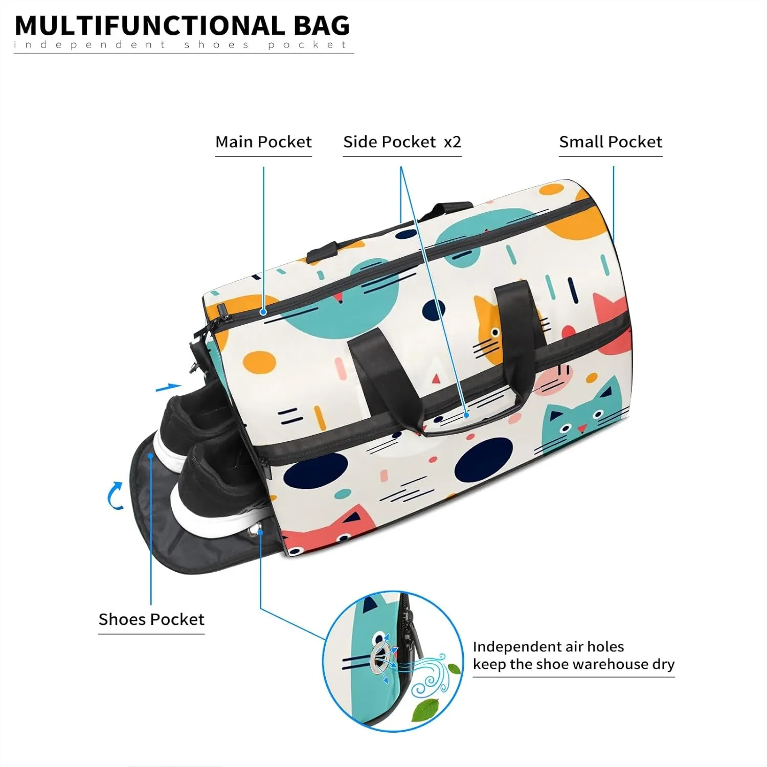 Gym Bag for Women Men, Yoga Bag with Shoe Pocket, Travel Duffel Tote Bag for Plane, Workout, Swimming, Weekend Overnight Bag Carry on Bag Hospital Holdalls, Cat Simple Drawing - 7