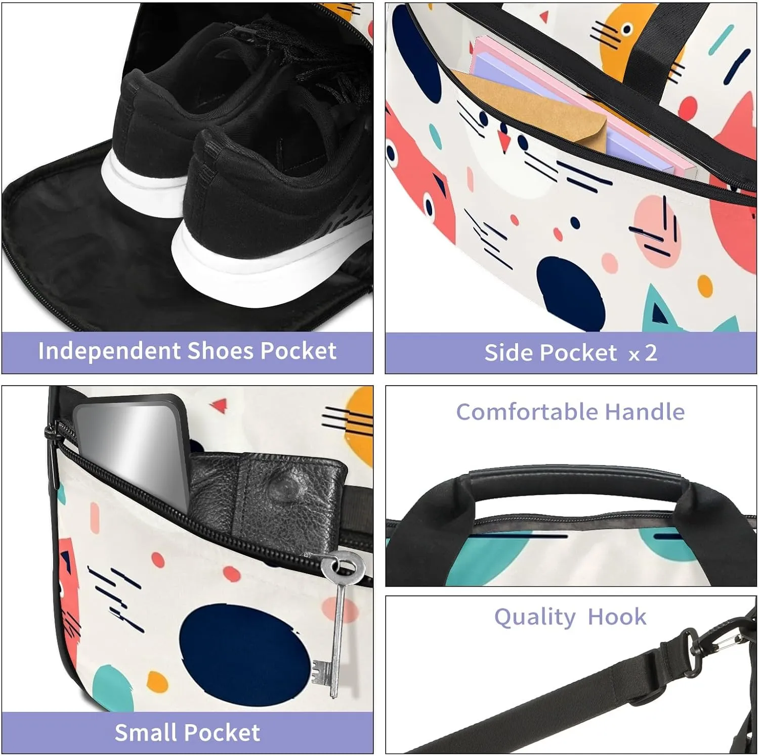 Gym Bag for Women Men, Yoga Bag with Shoe Pocket, Travel Duffel Tote Bag for Plane, Workout, Swimming, Weekend Overnight Bag Carry on Bag Hospital Holdalls, Cat Simple Drawing - 7