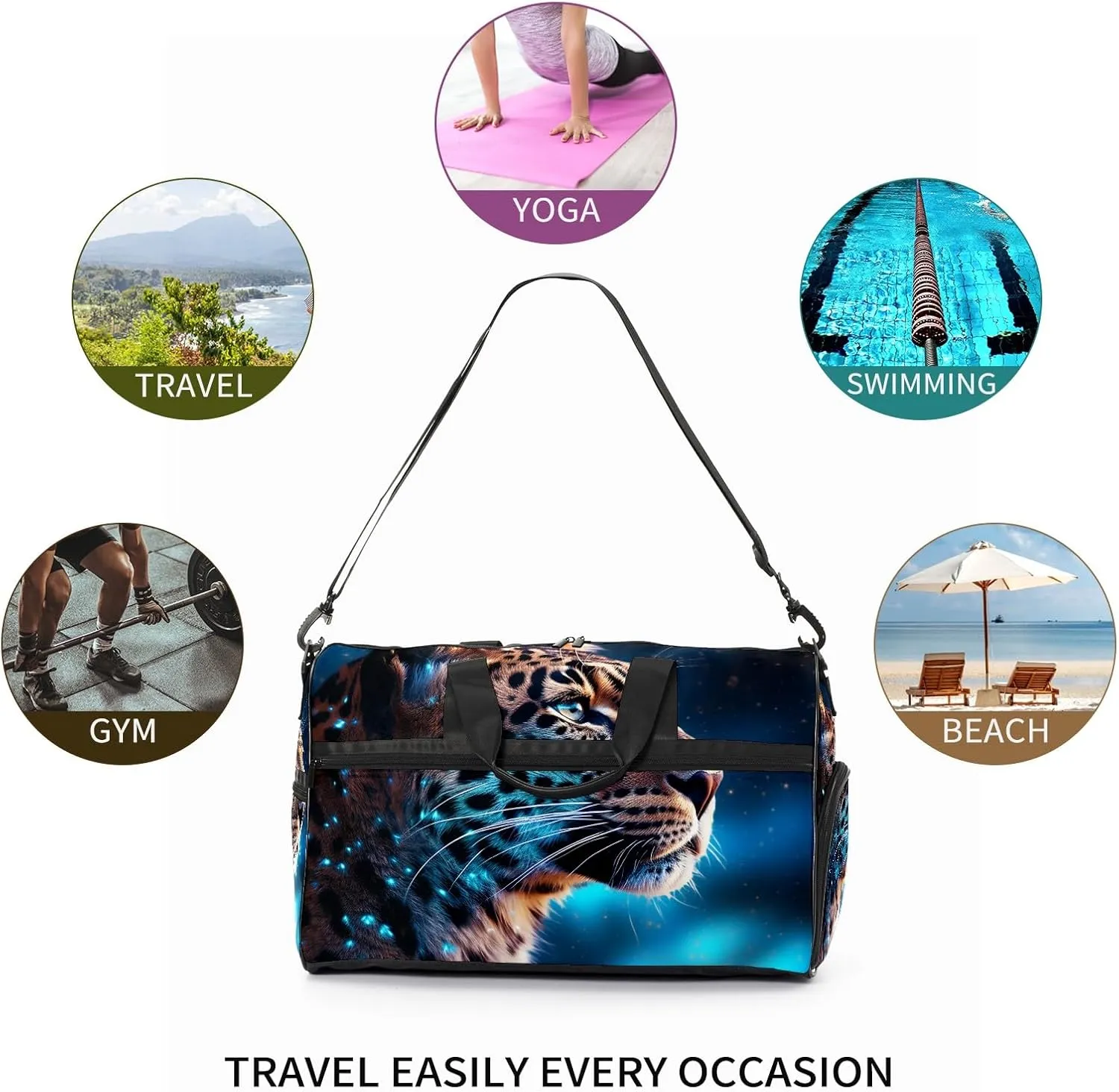 Gym Bag Women's Sports Yoga Bag - Fits up to 13.3" Laptop   Shoe Compartment, Overnight Weekender Bag Travel Bag, Dance Bag, Cheetah Under The Starry Sky - 1