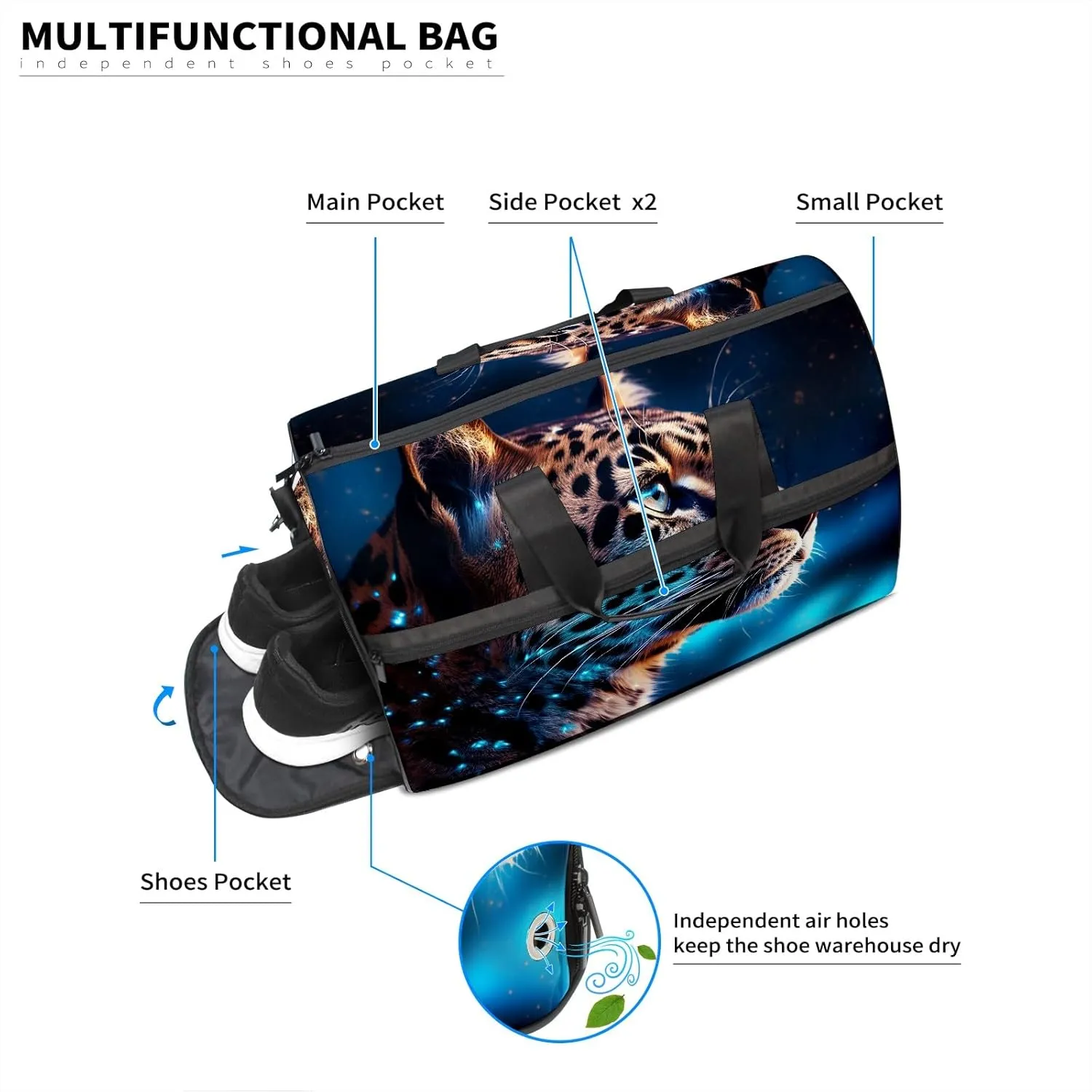 Gym Bag Women's Sports Yoga Bag - Fits up to 13.3" Laptop   Shoe Compartment, Overnight Weekender Bag Travel Bag, Dance Bag, Cheetah Under The Starry Sky - 1