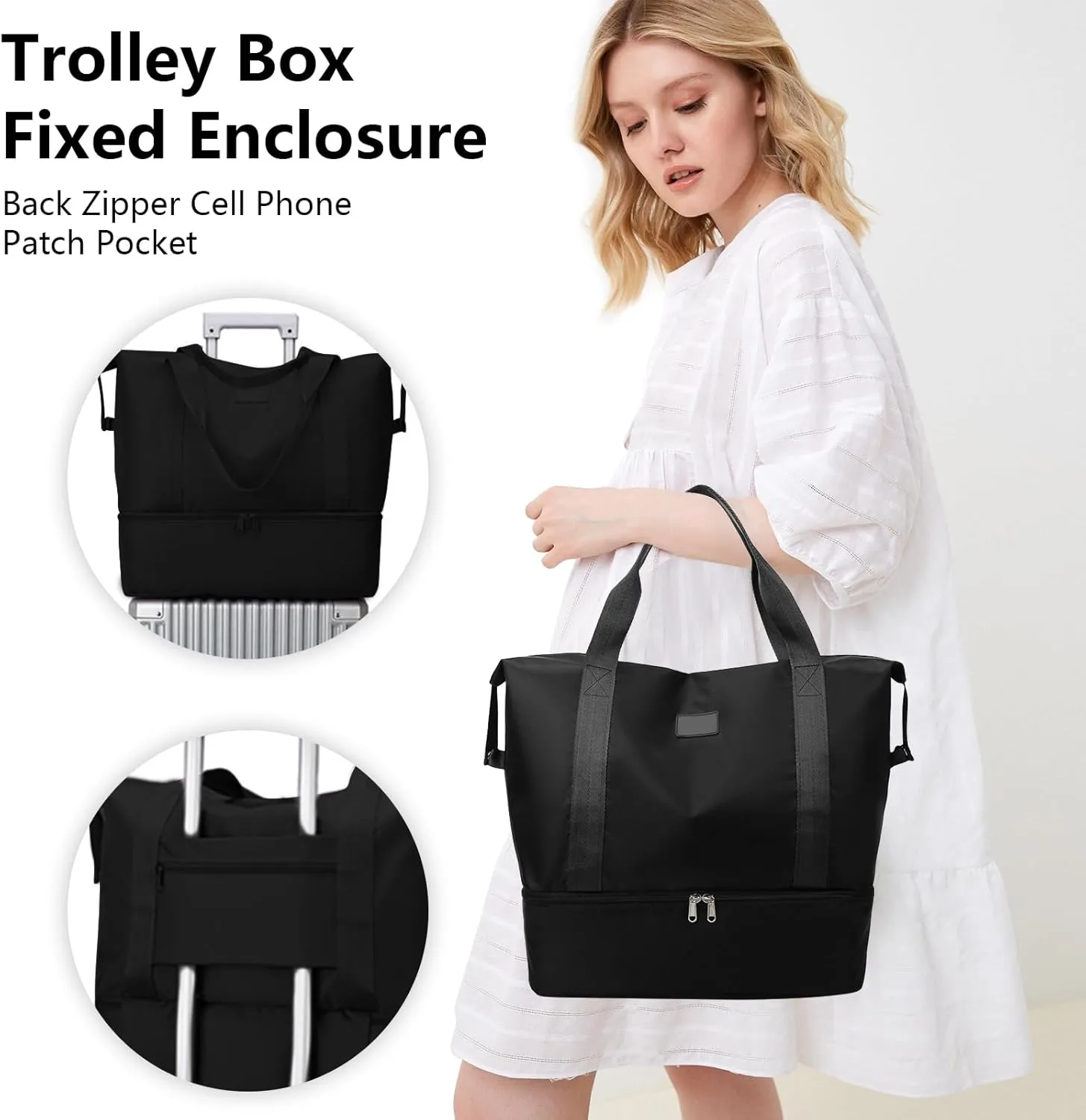 Gym Tote Bag Sports Travel Bag Oxford Waterproof with Shoe Bag Compartment Traveling Camping Beach Yoga for Women Black