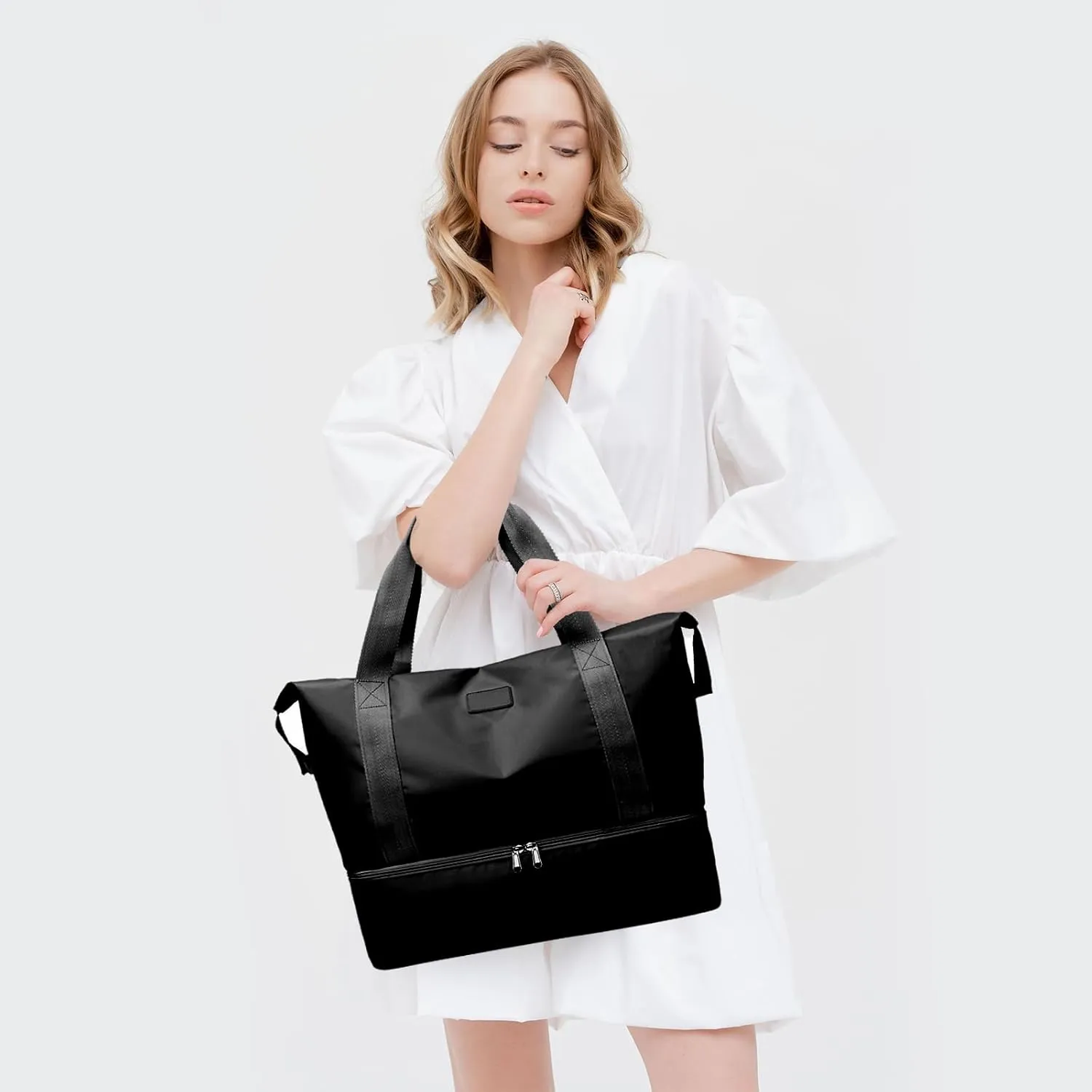 Gym Tote Bag Sports Travel Bag Oxford Waterproof with Shoe Bag Compartment Traveling Camping Beach Yoga for Women Black