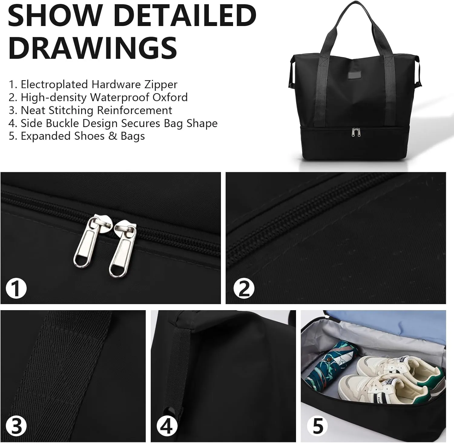 Gym Tote Bag Sports Travel Bag Oxford Waterproof with Shoe Bag Compartment Traveling Camping Beach Yoga for Women Black