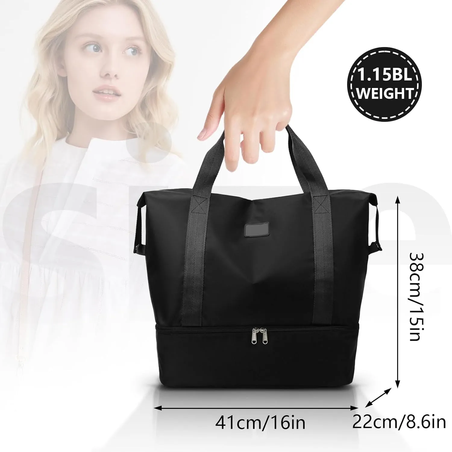 Gym Tote Bag Sports Travel Bag Oxford Waterproof with Shoe Bag Compartment Traveling Camping Beach Yoga for Women Black
