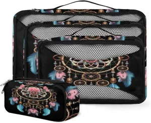 Gypsy Dream Catcher 4 Pcs set of Packing Cubes for Suitcases, Packing Cubes for Travel Accessories Luggage Carry On Suitcase Organizer Bags, 4 Various Sizes Ethnic Design