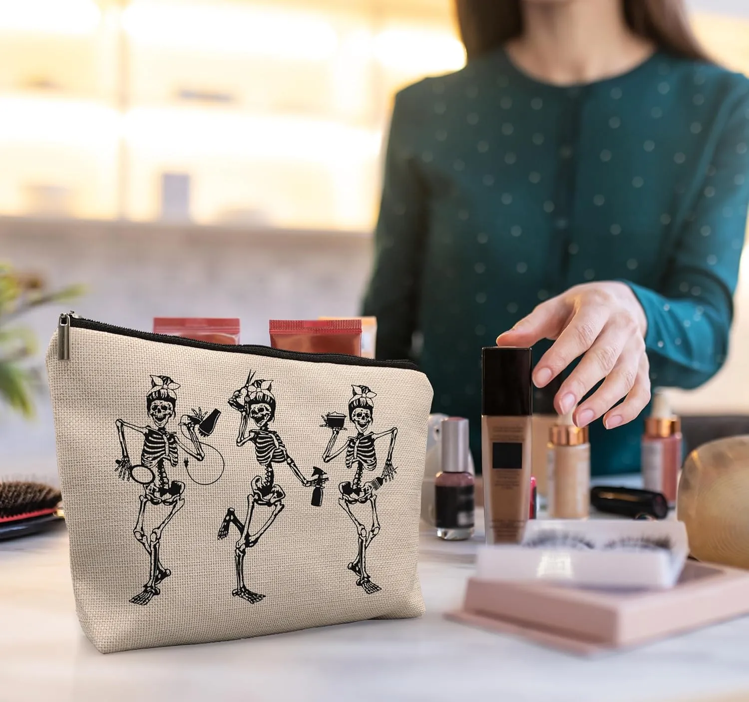 Hair Stylist Makeup Bag,Goth Makeup Bag Cosmetic Bag,Gifts For Hair Dresser Hairdresser Skull Lovers Women Girls