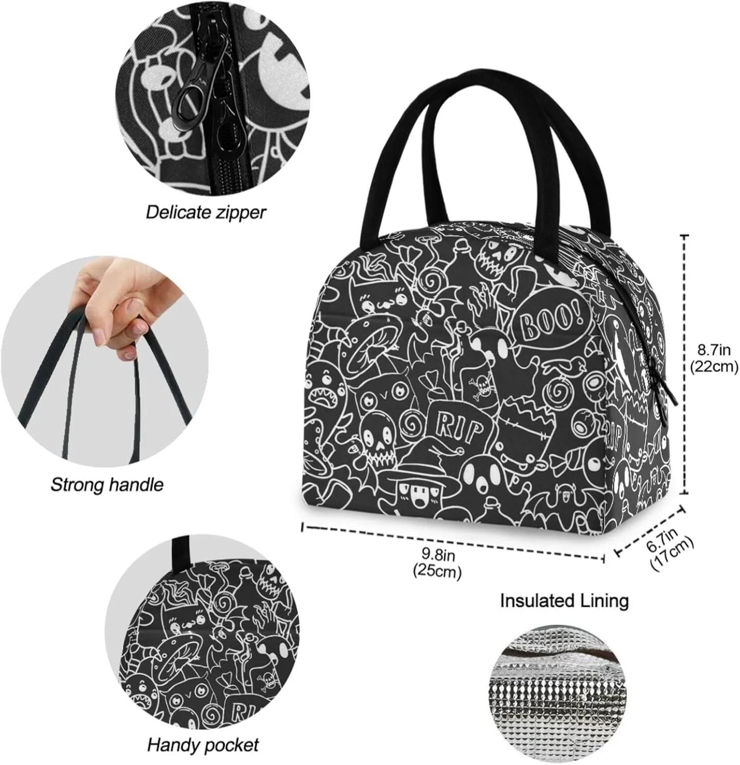 Halloween Doodle Contour Ghosts Reusable Lunch Tote Bag with Front Pocket Insulated Thermal Zipper Closure Cooler Container Bag for School Work Picnic Travel Fishing Beach