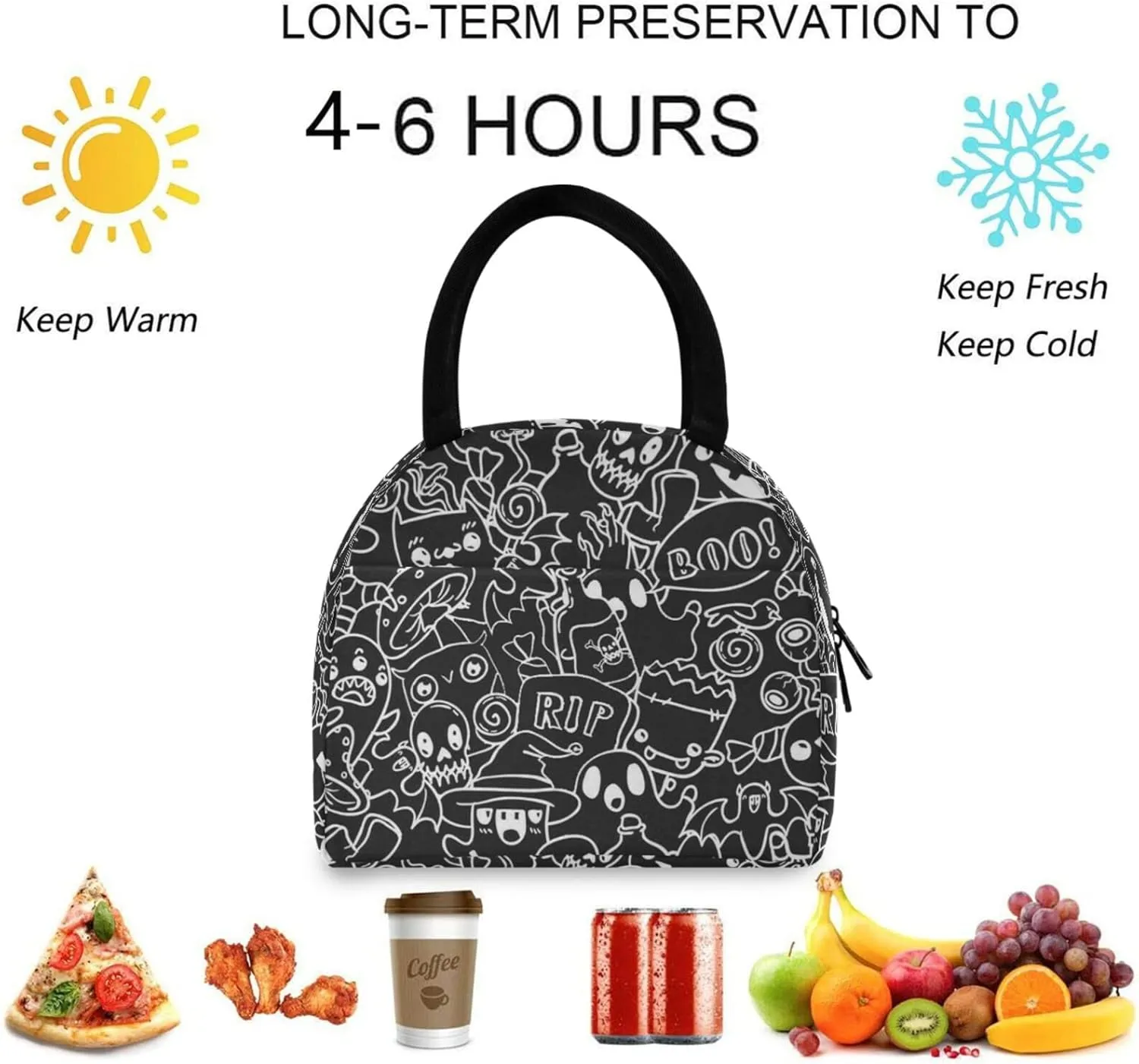 Halloween Doodle Contour Ghosts Reusable Lunch Tote Bag with Front Pocket Insulated Thermal Zipper Closure Cooler Container Bag for School Work Picnic Travel Fishing Beach