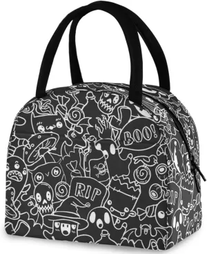 Halloween Doodle Contour Ghosts Reusable Lunch Tote Bag with Front Pocket Insulated Thermal Zipper Closure Cooler Container Bag for School Work Picnic Travel Fishing Beach
