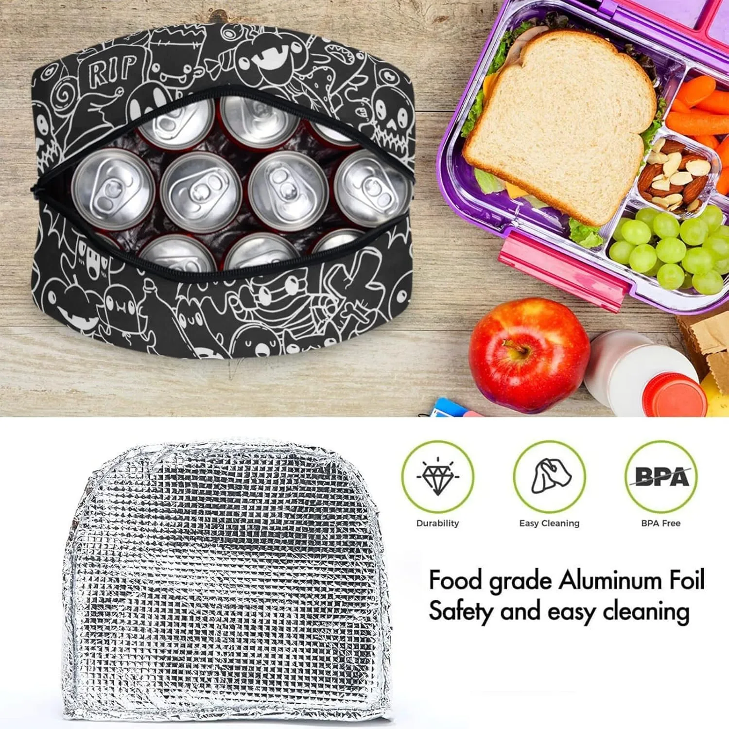 Halloween Doodle Contour Ghosts Reusable Lunch Tote Bag with Front Pocket Insulated Thermal Zipper Closure Cooler Container Bag for School Work Picnic Travel Fishing Beach