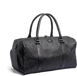 Hammi Leathers Black Braided Leather Duffel Bag for Men and Women – Cowhide Travel Weekender, Spacious Overnight Bag, Durable Gym & Carry-On Duffle