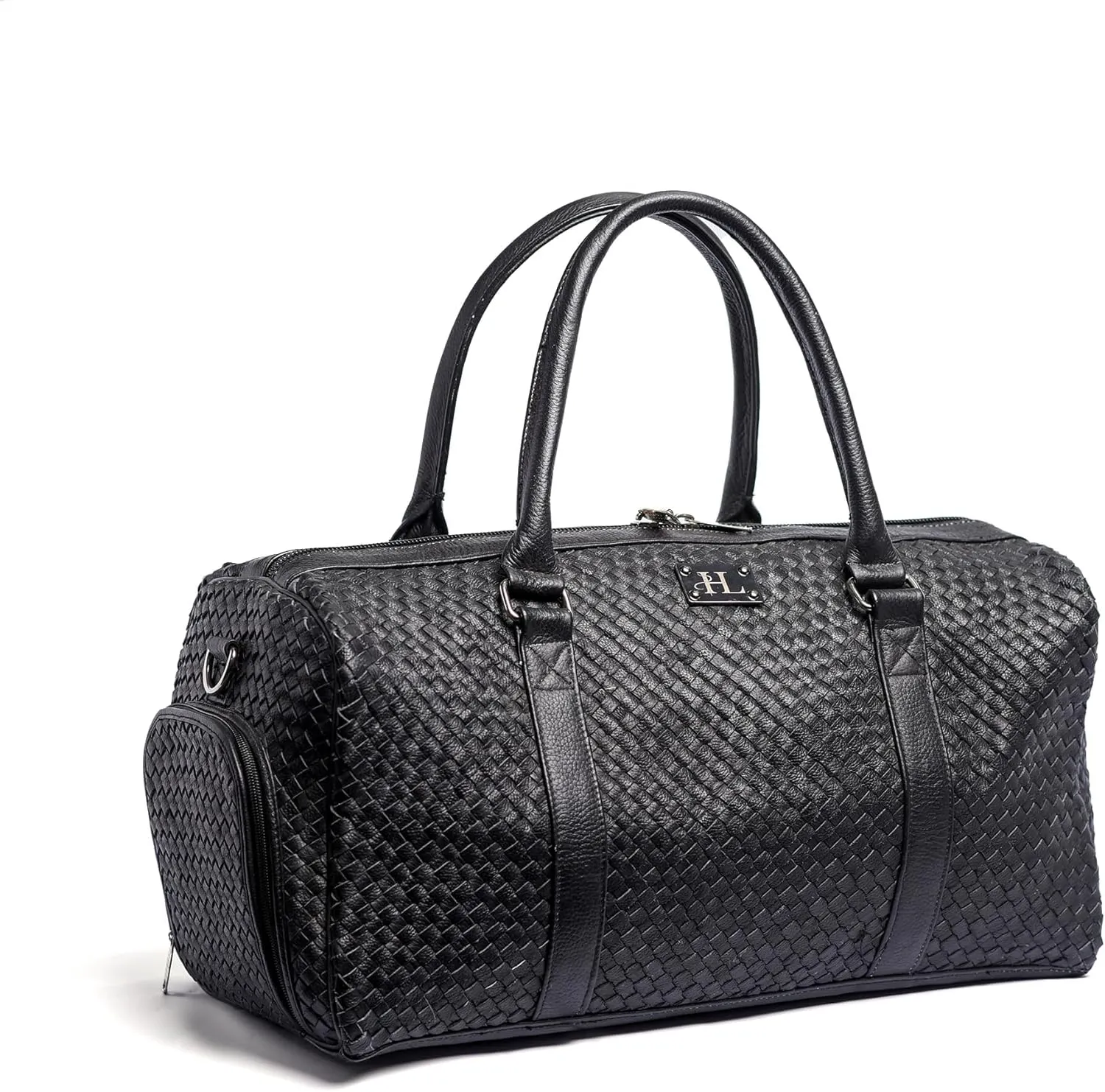 Hammi Leathers Black Braided Leather Duffel Bag for Men and Women – Cowhide Travel Weekender, Spacious Overnight Bag, Durable Gym & Carry-On Duffle