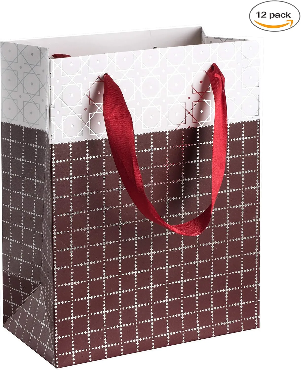 Hammont Wedding Bridesmaid Gift Bags - Box Design Party Favors - 12 Pack Foil Stamped Gift Bag for Hotel Guests - Durable Ribbon Handles - Birthday Bags Women - Beautiful Maroon Present Bag 9”x 7”x 4”