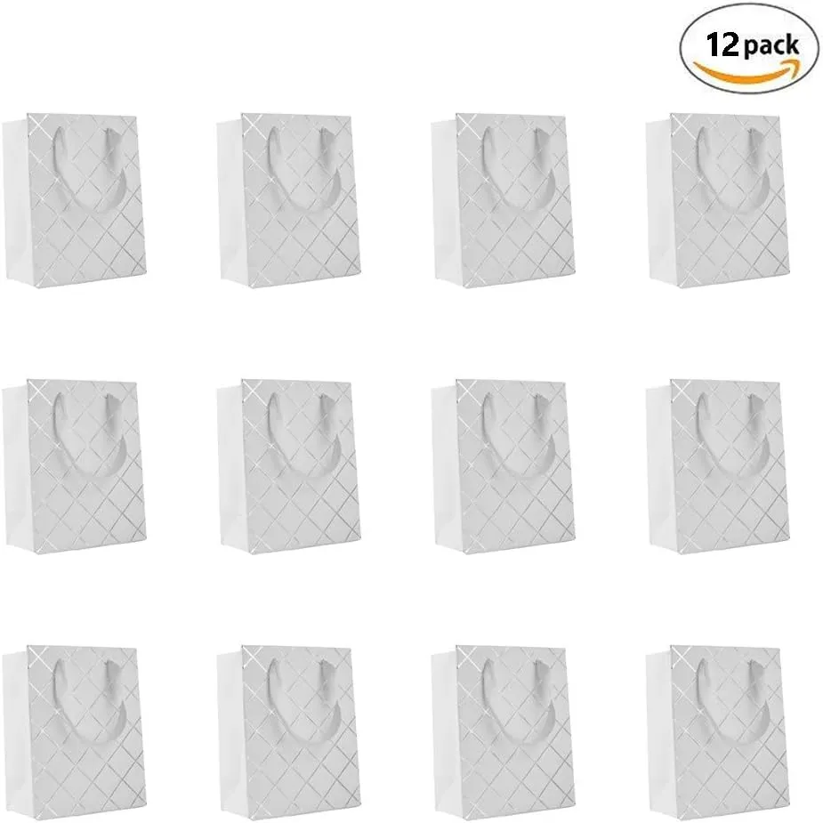 Hammont Wedding Bridesmaid Gift Bags - Diamond Party Favor Bag (12 Pack) Diamond Design Bag for Hotel Guests - Party Favor Bag with Durable Ribbon Handles - Birthday Bags for Women - 9”x 7”x 4” White