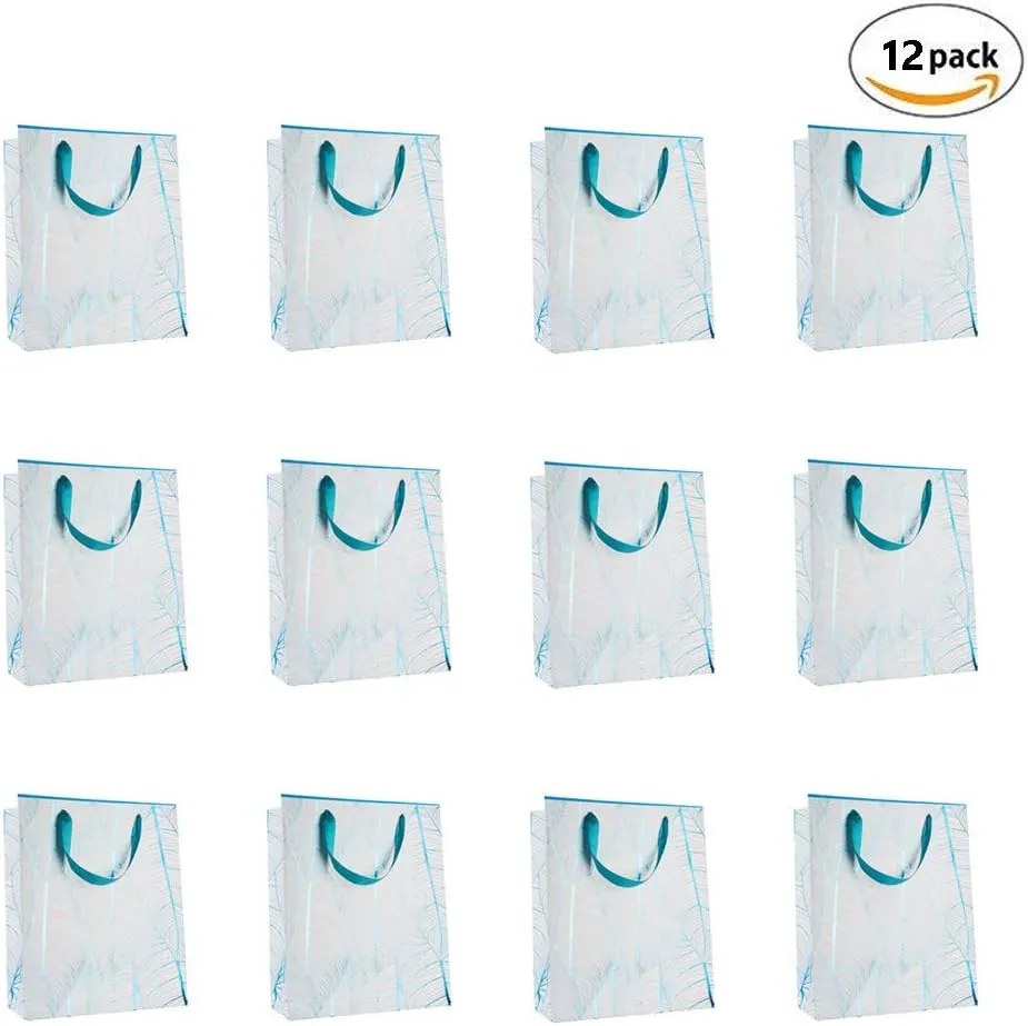 Hammont Wedding Bridesmaid Gift Bags - Leaf Design Bag For Hotel Guests (12 Pack) Foil Stamped Party Favor Bag - Durable Ribbon Handles, Beautiful Birthday Bags for Women, (12.5”x10.25”x4.75”) Blue