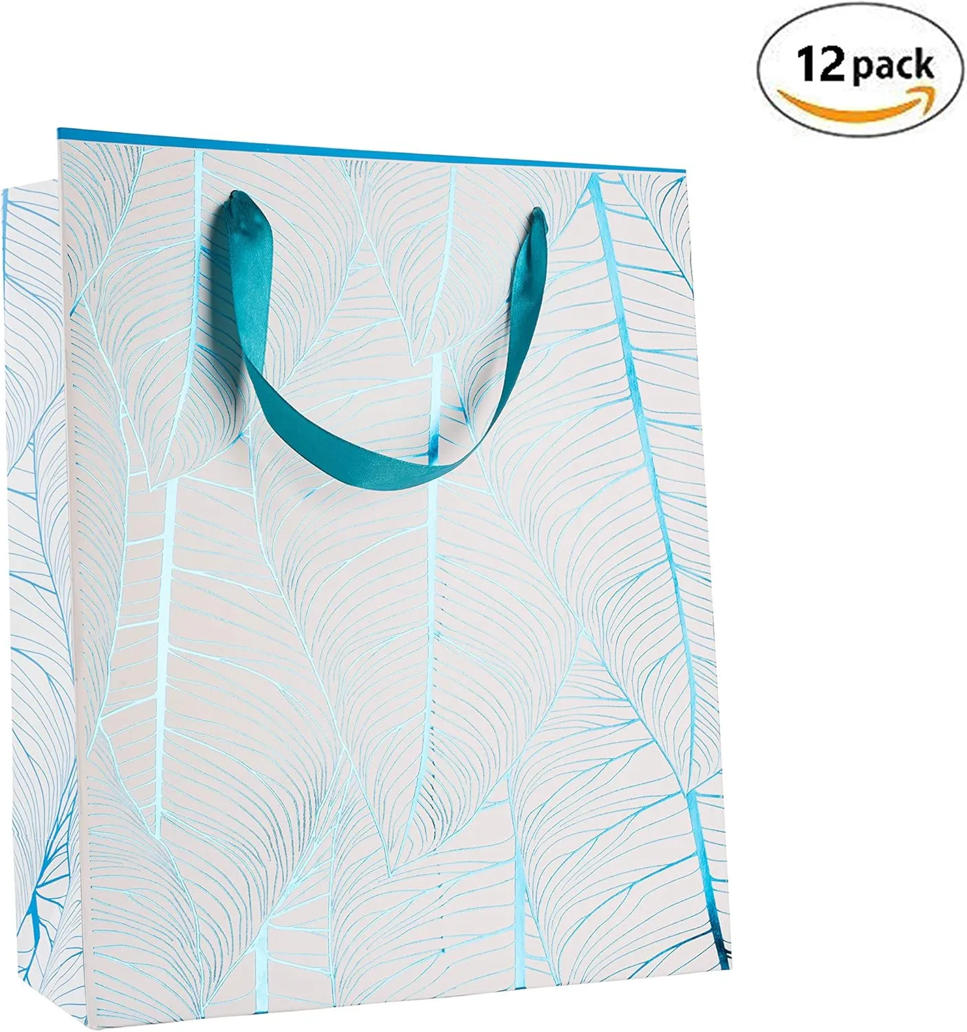 Hammont Wedding Bridesmaid Gift Bags - Leaf Design Bag For Hotel Guests (12 Pack) Foil Stamped Party Favor Bag - Durable Ribbon Handles, Beautiful Birthday Bags for Women, (12.5”x10.25”x4.75”) Blue