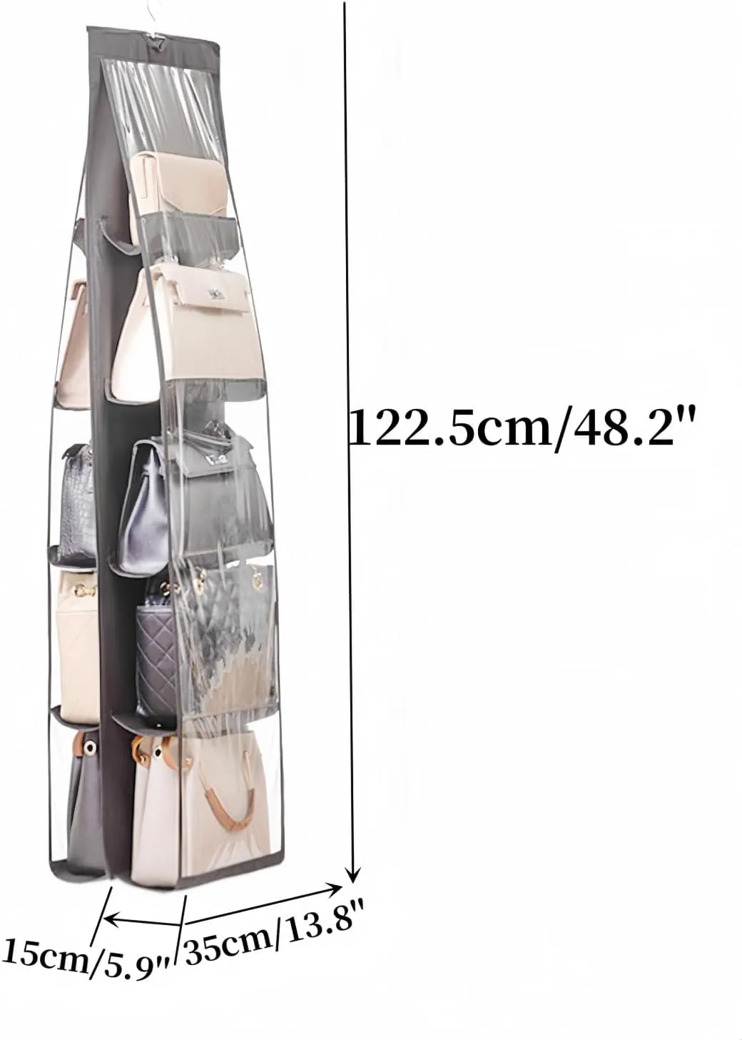 HAN SHENG 2 Pcs 10 Pockets Hanging Purse Handbag Organizer Clear Shelf Hand Bag Collection Storage Holder Wardrobe Closet Space Saving Organizers (Grey)