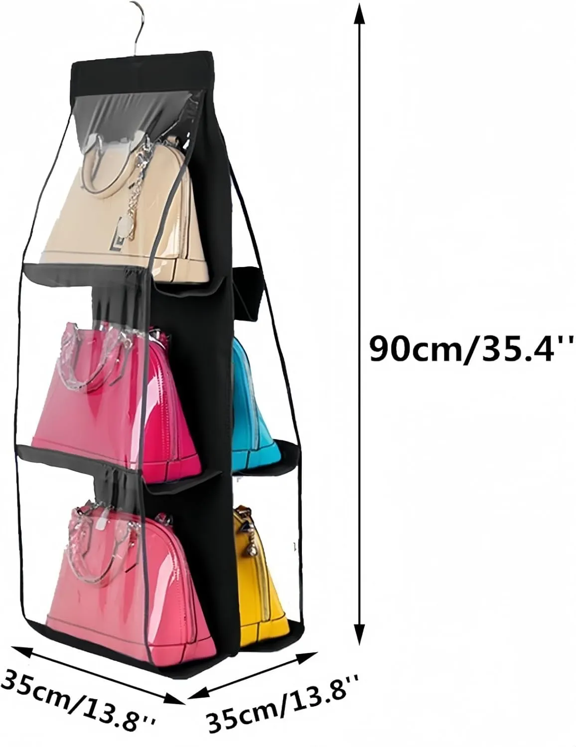HAN SHENG 2 Pcs 6 Pockets Hanging Purse Handbag Organizer Clear Hanging Shelf Bag Collection Storage Holder Purse Bag Wardrobe Closet Space Saving Organizers (Black)