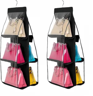 HAN SHENG 2 Pcs 6 Pockets Hanging Purse Handbag Organizer Clear Hanging Shelf Bag Collection Storage Holder Purse Bag Wardrobe Closet Space Saving Organizers (Black)