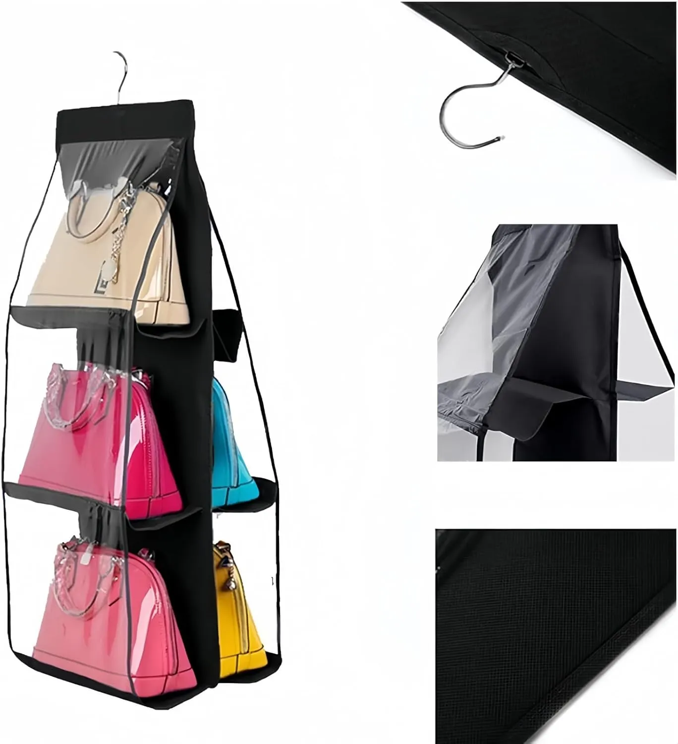 HAN SHENG 2 Pcs 6 Pockets Hanging Purse Handbag Organizer Clear Hanging Shelf Bag Collection Storage Holder Purse Bag Wardrobe Closet Space Saving Organizers (Black)