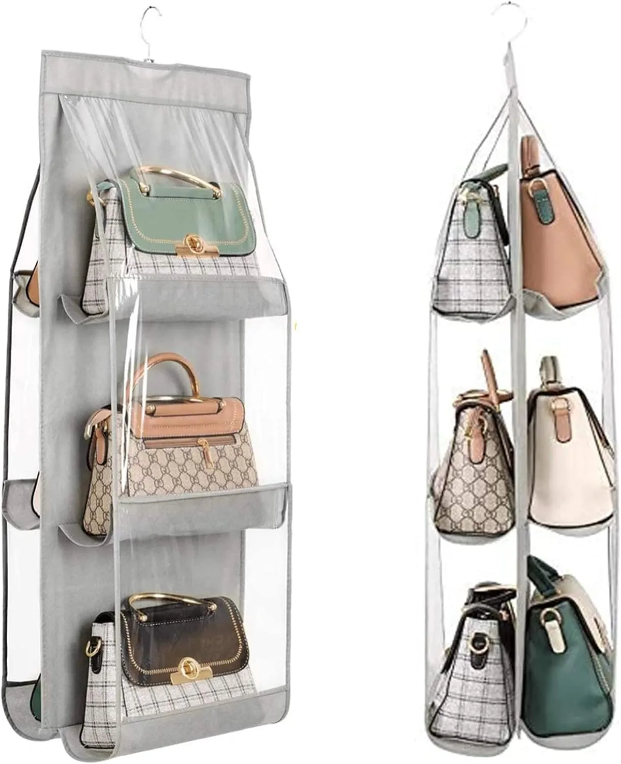 HAN SHENG 2 Pcs 6 Pockets Hanging Purse Handbag Organizer Clear Hanging Shelf Bag Collection Storage Holder Purse Bag Wardrobe Closet Space Saving Organizers (Grey)