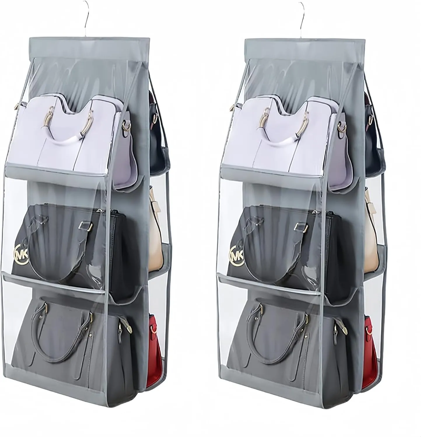 HAN SHENG 2 Pcs 6 Pockets Hanging Purse Handbag Organizer Clear Hanging Shelf Bag Collection Storage Holder Purse Bag Wardrobe Closet Space Saving Organizers (Grey)