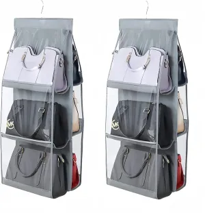 HAN SHENG 2 Pcs 6 Pockets Hanging Purse Handbag Organizer Clear Hanging Shelf Bag Collection Storage Holder Purse Bag Wardrobe Closet Space Saving Organizers (Grey)