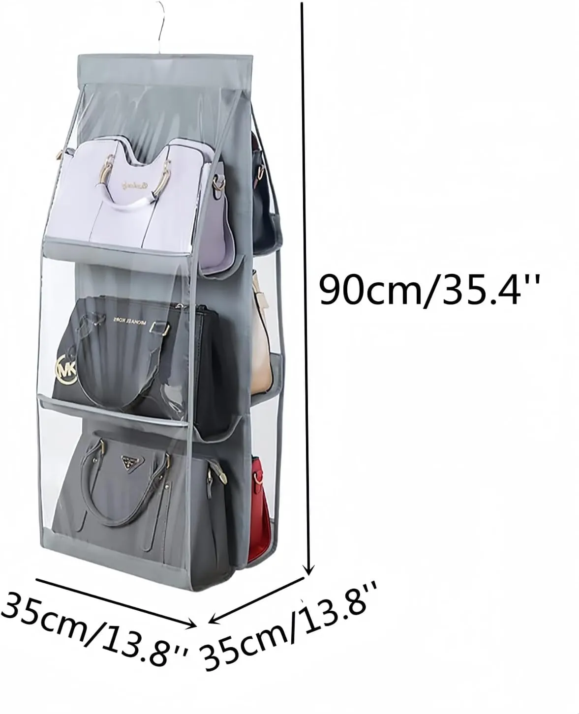HAN SHENG 2 Pcs 6 Pockets Hanging Purse Handbag Organizer Clear Hanging Shelf Bag Collection Storage Holder Purse Bag Wardrobe Closet Space Saving Organizers (Grey)