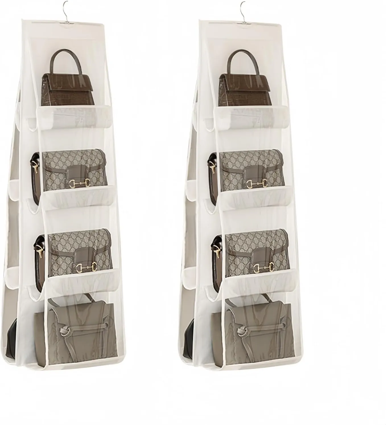 HAN SHENG 2 Pcs 8 Pockets Clear Hanging Purse Handbag Organizer Hanging Shelf Bag Collection Storage Holder Purse Bag Wardrobe Closet Space Saving Organizers (White)