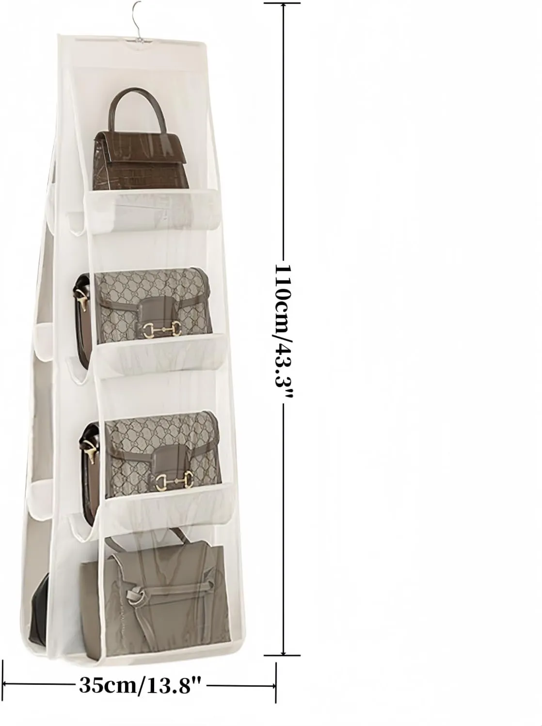 HAN SHENG 2 Pcs 8 Pockets Clear Hanging Purse Handbag Organizer Hanging Shelf Bag Collection Storage Holder Purse Bag Wardrobe Closet Space Saving Organizers (White)