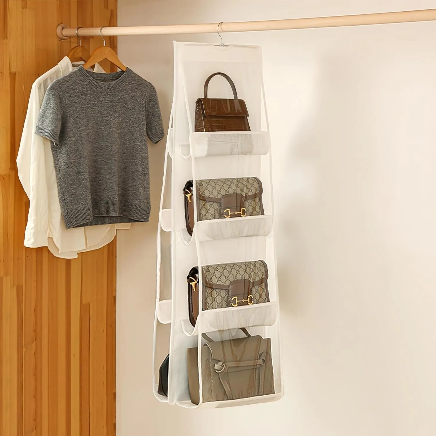 HAN SHENG 2 Pcs 8 Pockets Clear Hanging Purse Handbag Organizer Hanging Shelf Bag Collection Storage Holder Purse Bag Wardrobe Closet Space Saving Organizers (White)