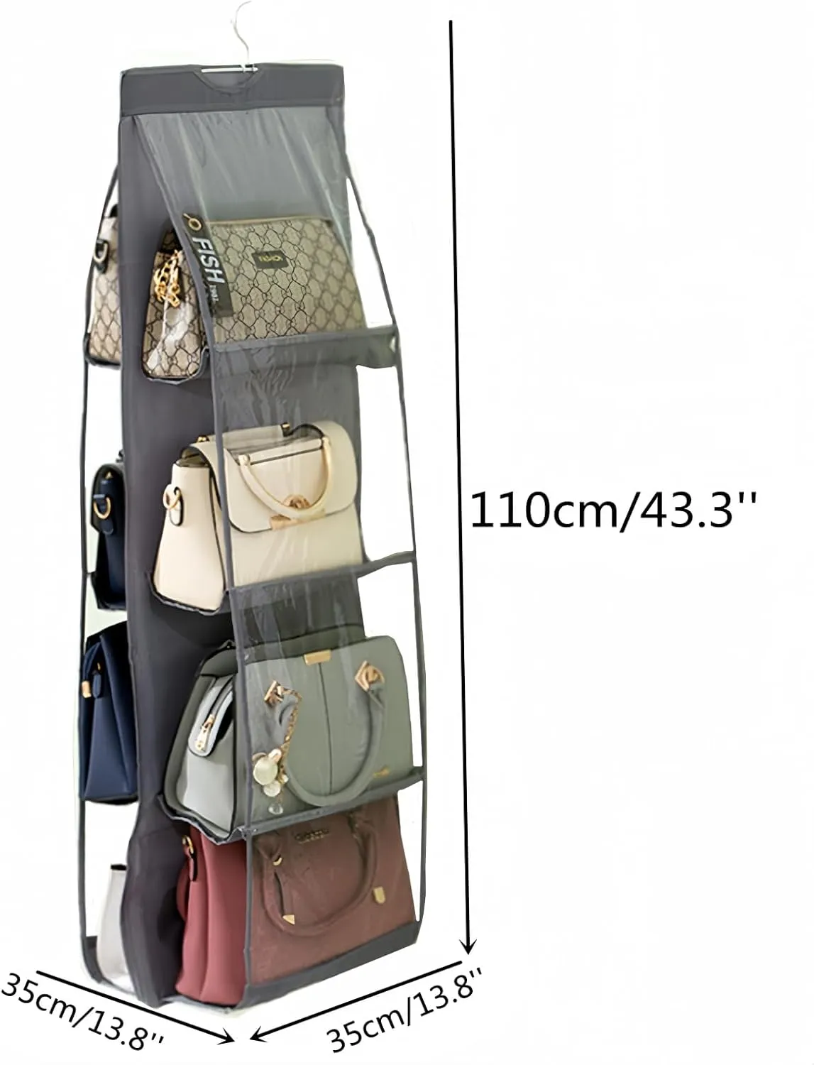 HAN SHENG 2 Pcs 8 Pockets Hanging Purse Handbag Organizer Clear Hanging Shelf Bag Collection Storage Holder Purse Bag Wardrobe Closet Space Saving Organizers (Grey)