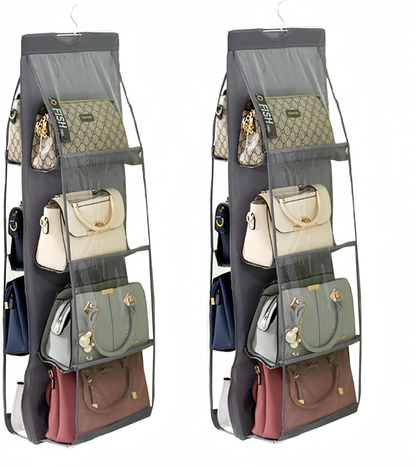 HAN SHENG 2 Pcs 8 Pockets Hanging Purse Handbag Organizer Clear Hanging Shelf Bag Collection Storage Holder Purse Bag Wardrobe Closet Space Saving Organizers (Grey)