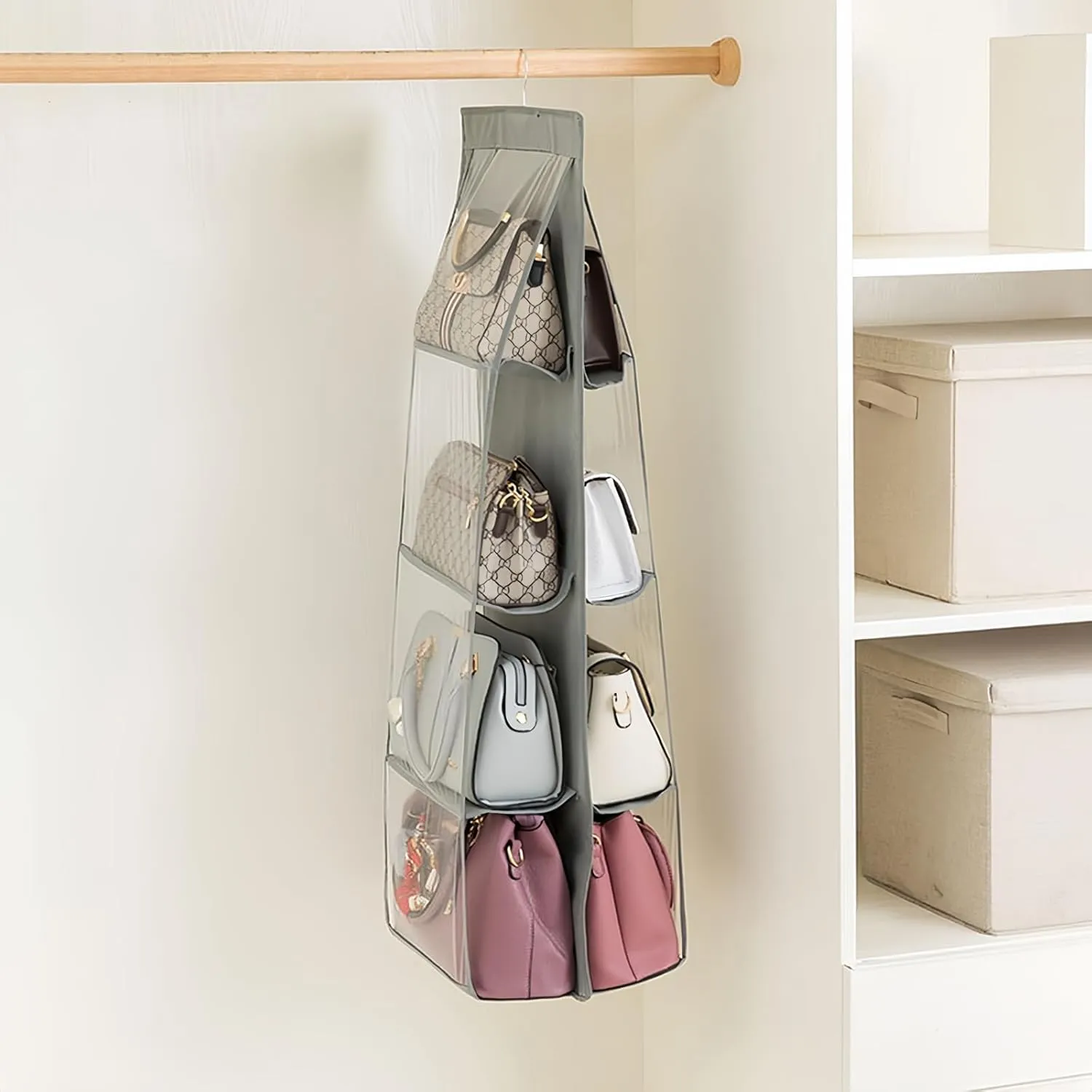 HAN SHENG 2 Pcs 8 Pockets Hanging Purse Handbag Organizer Clear Hanging Shelf Bag Collection Storage Holder Purse Bag Wardrobe Closet Space Saving Organizers (Grey)