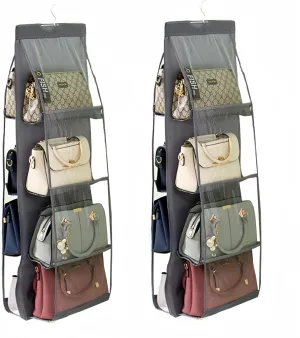 HAN SHENG 2 Pcs 8 Pockets Hanging Purse Handbag Organizer Clear Hanging Shelf Bag Collection Storage Holder Purse Bag Wardrobe Closet Space Saving Organizers (Grey)