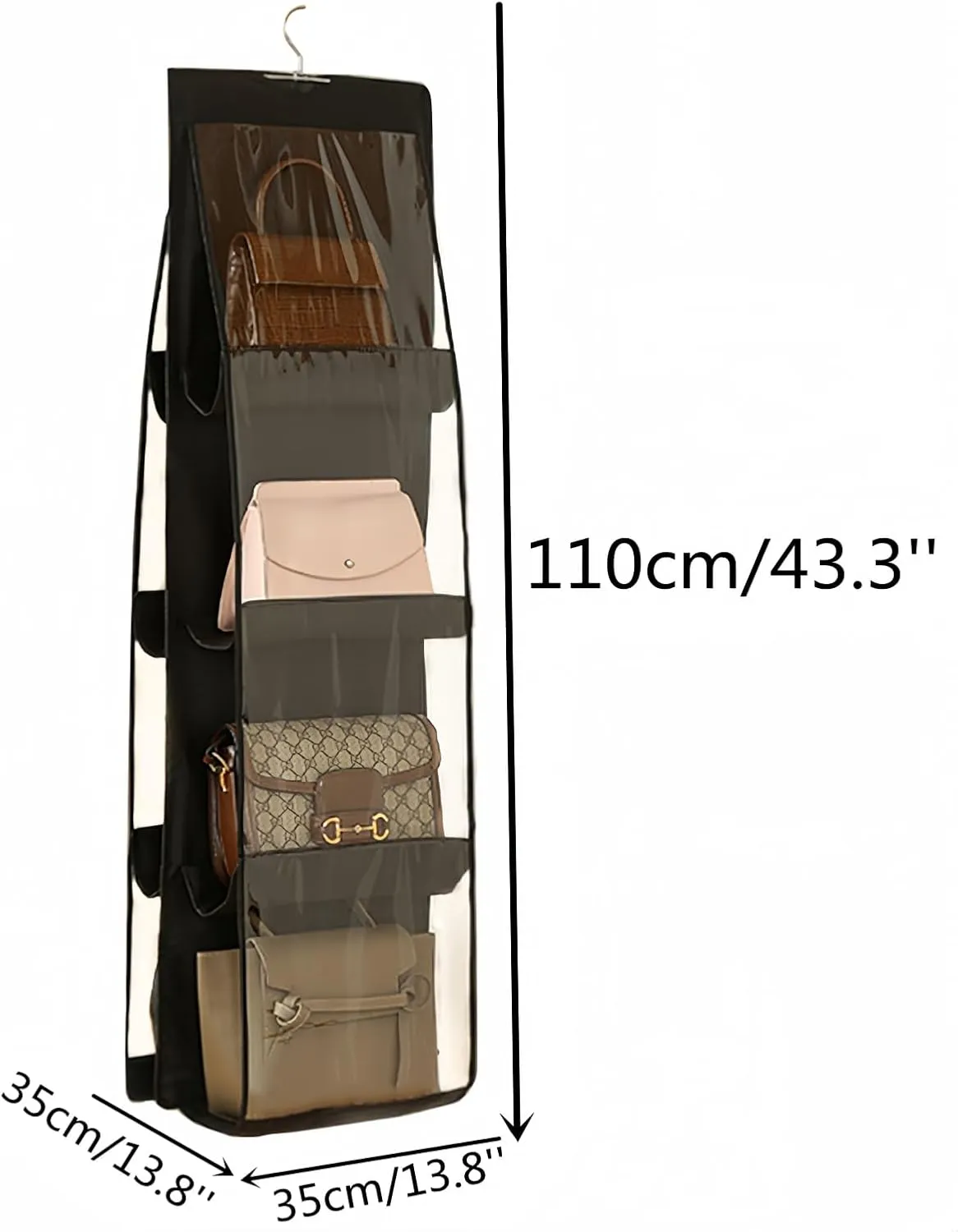 HAN SHENG 2 Pcs 8 Pockets Hanging Purse Handbag Organizer Clear Shelf Bag Collection Storage Holder Wardrobe Closet Space Saving Organizers (Black)