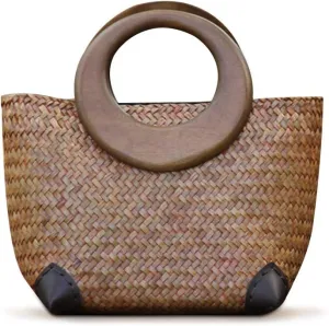 Hand-woven Womens Straw Boho Handbag Bag for Women, Summer Beach Rattan Tote Travel Bag with Wood Round Top Handle (Khaki 2)