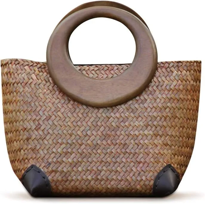 Hand-woven Womens Straw Boho Handbag Bag for Women, Summer Beach Rattan Tote Travel Bag with Wood Round Top Handle (Khaki 2)
