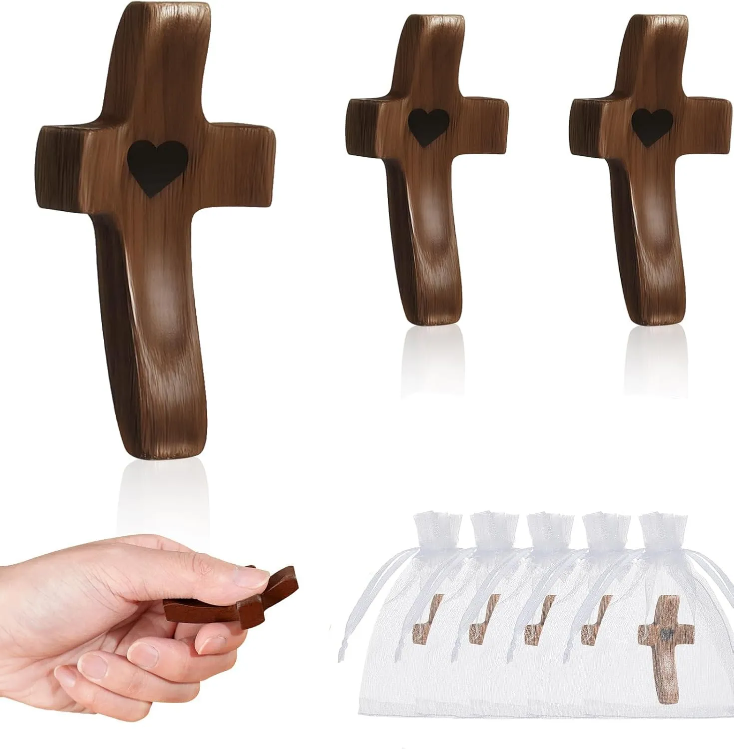 Handmade 3Pcs Pocket Cross My Heart with Organza Bags - Stress Relief Fidget Toy for Christian, Pocket Prayer Cross, Religious Easter Day First Communion Gifts for Girls,Boys