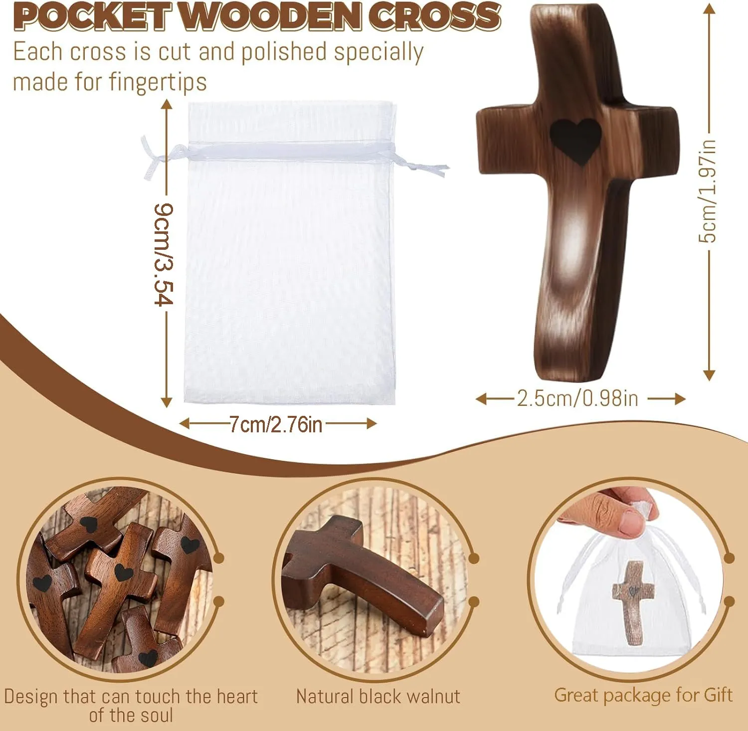 Handmade 3Pcs Pocket Cross My Heart with Organza Bags - Stress Relief Fidget Toy for Christian, Pocket Prayer Cross, Religious Easter Day First Communion Gifts for Girls,Boys