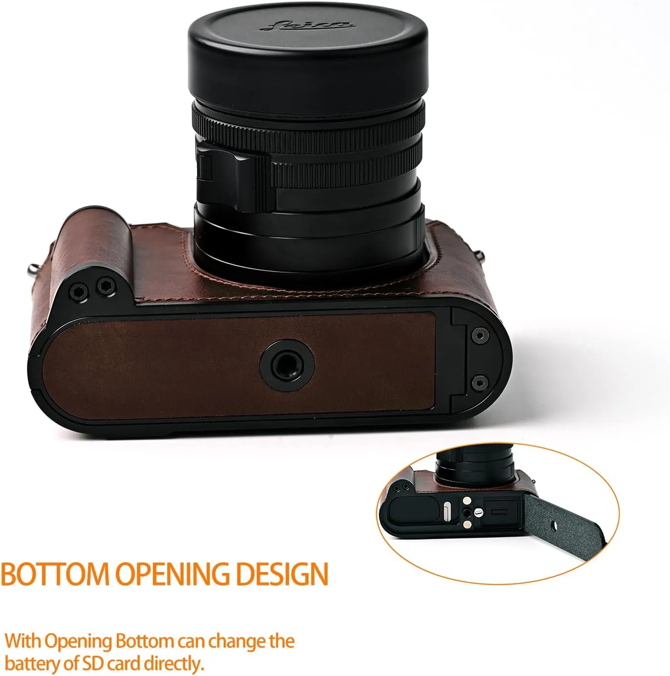 Handmade Genuine Leather Camera Case for Leica Q3/Leica Q3 Camera Case/Leica Q3 Case/Q3 Case - Top Layer Cowhide Body   Metal Base Plate   Hand Shank Design (Museum-c-Brown)