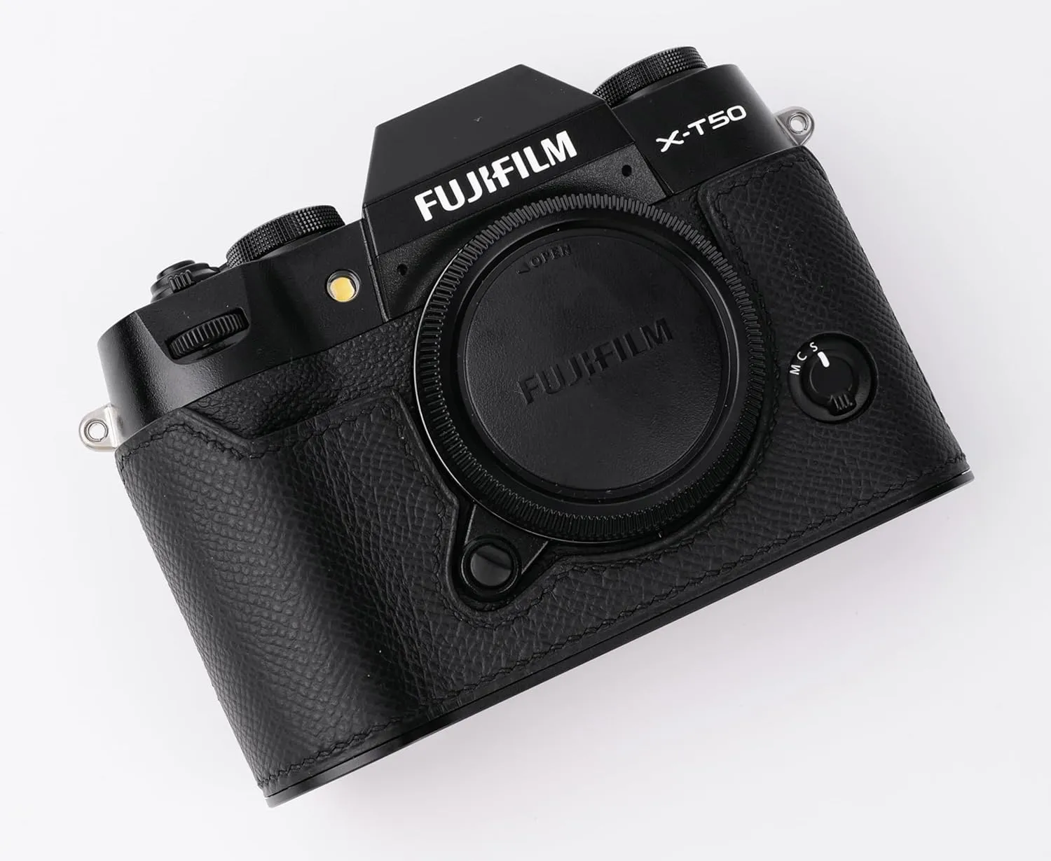 handmade Genuine Leather Camera Half Case for Fujifilm X-T50 - Top Layer Cowhide Body   Metal Base Plate - Hand Shank Free Design (Black)