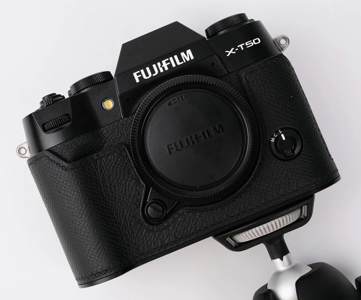 handmade Genuine Leather Camera Half Case for Fujifilm X-T50 - Top Layer Cowhide Body   Metal Base Plate - Hand Shank Free Design (Black)