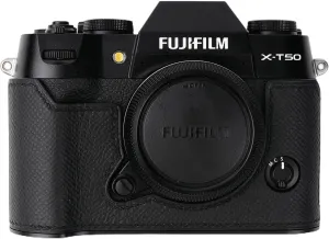 handmade Genuine Leather Camera Half Case for Fujifilm X-T50 - Top Layer Cowhide Body   Metal Base Plate - Hand Shank Free Design (Black)