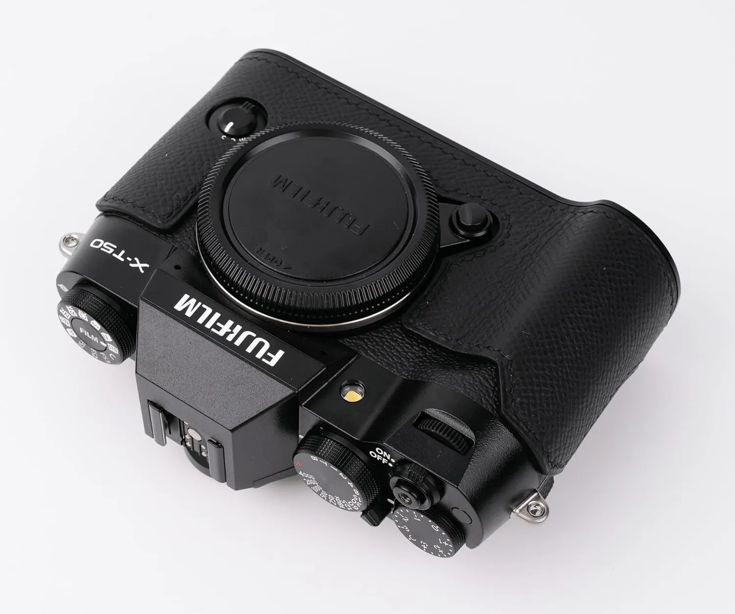 handmade Genuine Leather Camera Half Case for Fujifilm X-T50 - Top Layer Cowhide Body   Metal Base Plate - Hand Shank Free Design (Black)